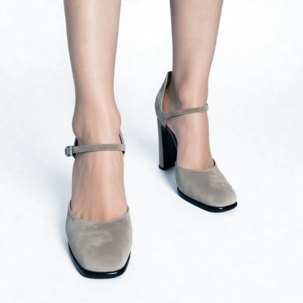 Martinez Valero Light Gray Suede Mary Jane Block Heels Minimalist Pumps Sz 8